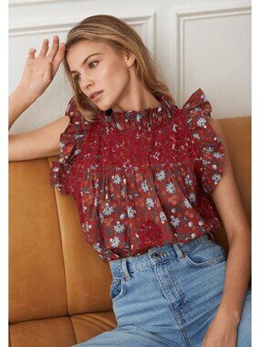 Mi Golondrina Olivia Jardin Borgona Blouse Medium Ruffled Sleeve Burgundy Floral